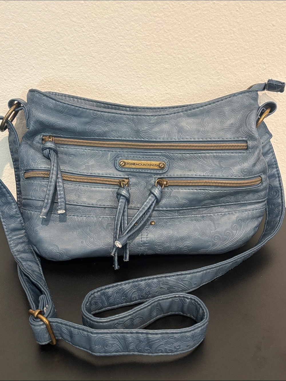 Stone Mountain Accessories Dusty Blue Embossed Crossbody Bag